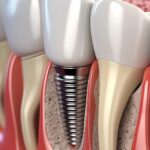 Dental implantın çene kemiğine yerleştirilmesi, osseointegrasyon ve implant üstü kron aşamalarını gösteren bilgilendirici görsel.