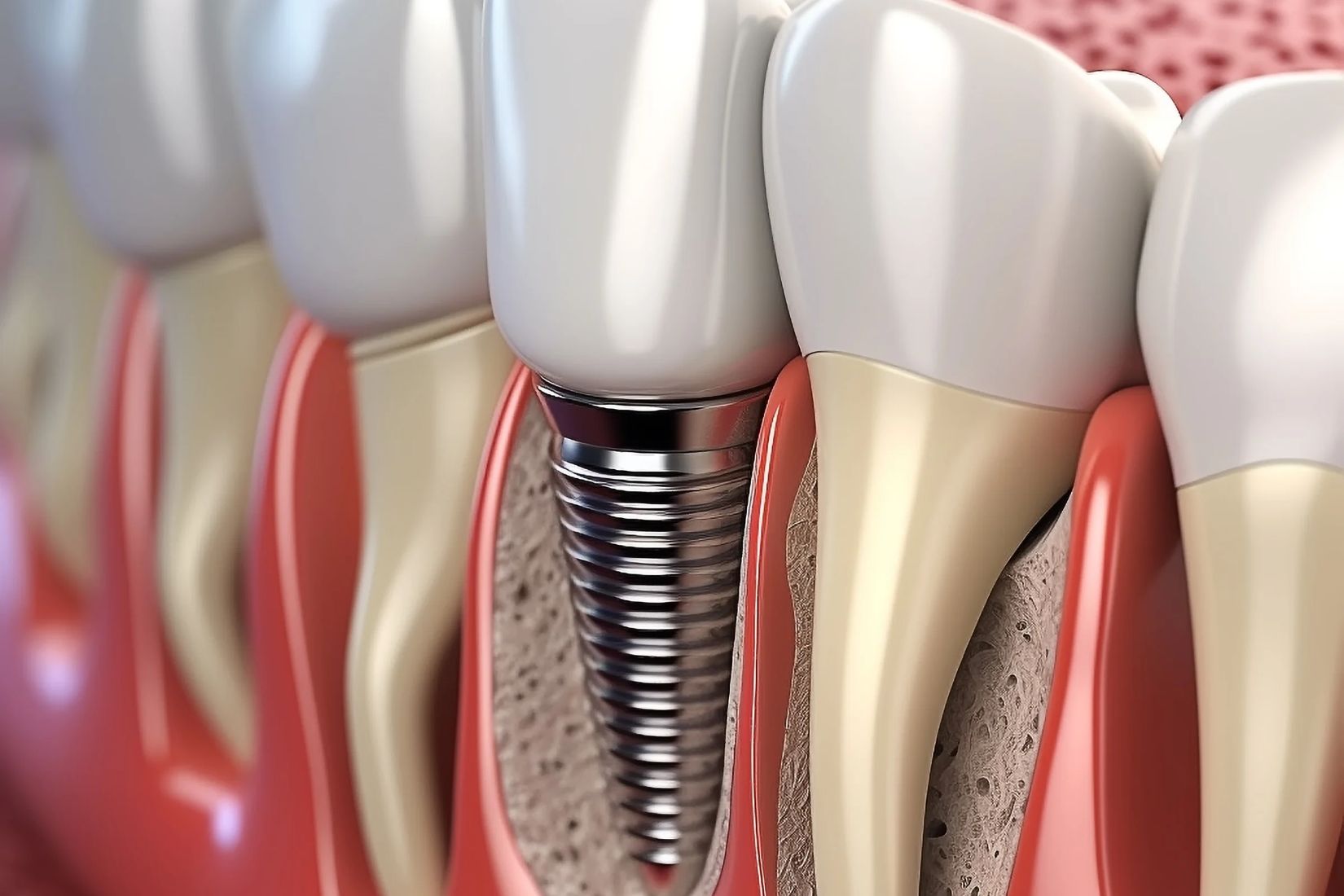 Dental implantın çene kemiğine yerleştirilmesi, osseointegrasyon ve implant üstü kron aşamalarını gösteren bilgilendirici görsel.